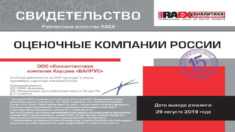 Компания Valrus Ltd. в числе Топ-100 оценочных компаний России по версии RAEX 2018 года