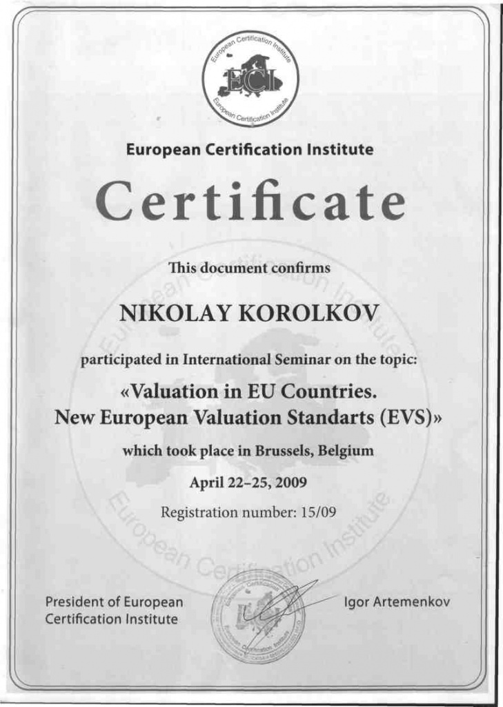 Сертификат Королькова Н.Н. по программе TEGOVA, 2009